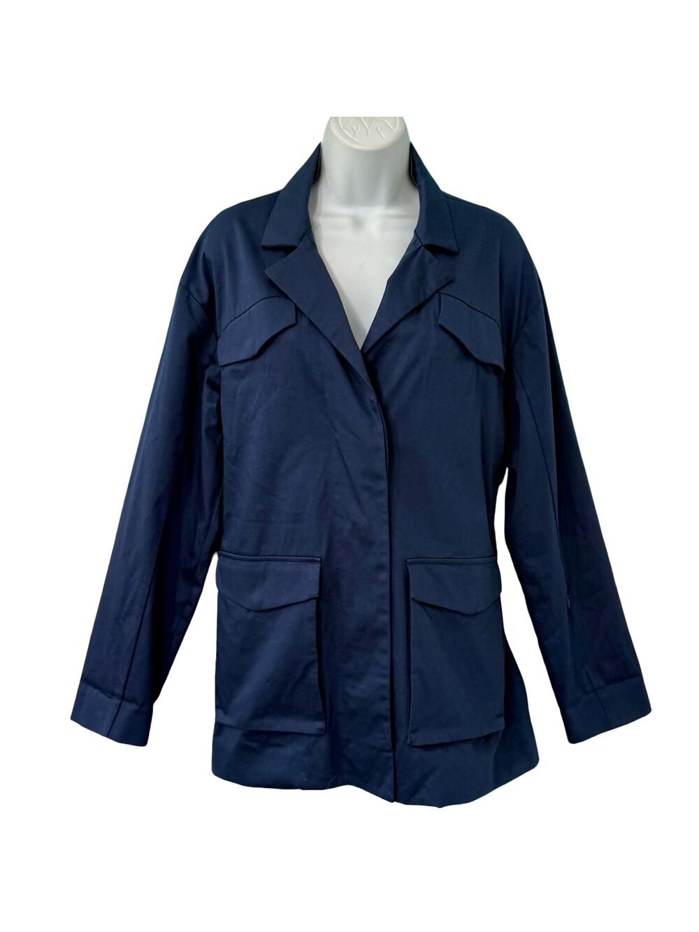 Away Navy Blue Travel Friendly Utility Jacket Trench Coat Notched Lapel size L
